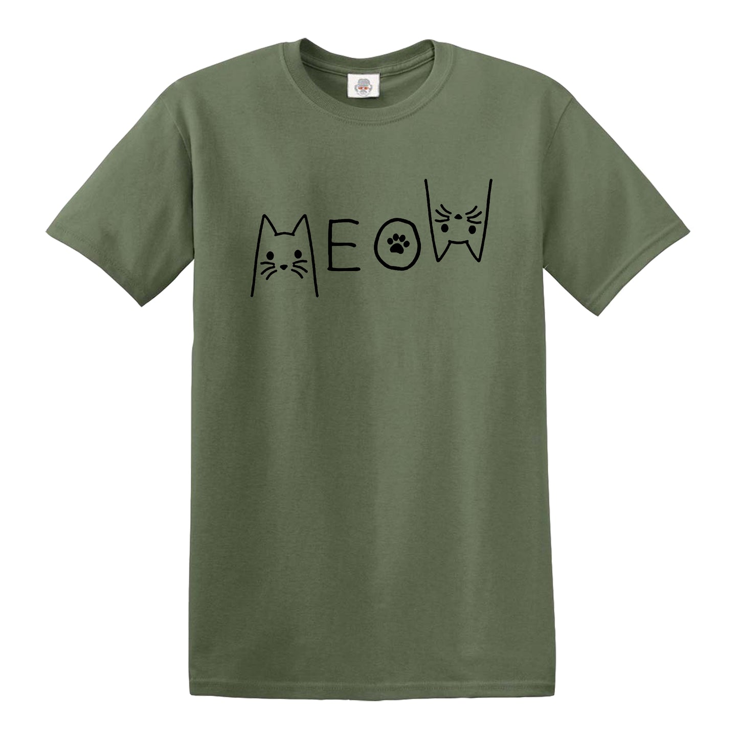 MEOW CAT | CAT PRINT MEN'S T-SHIRT MILITARY GREEN T-SHIRT BLACK PRINT MEOW CAT | CAT PRINT MEN'S T-SHIRT