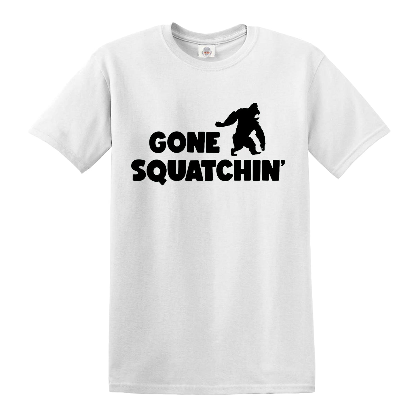 GONE SQUATCHIN' Bigfoot Sasquatch MEN'S T-SHIRT WHITE T-SHIRT BLACK PRINT GONE SQUATCHIN' Bigfoot Sasquatch MEN'S T-SHIRT