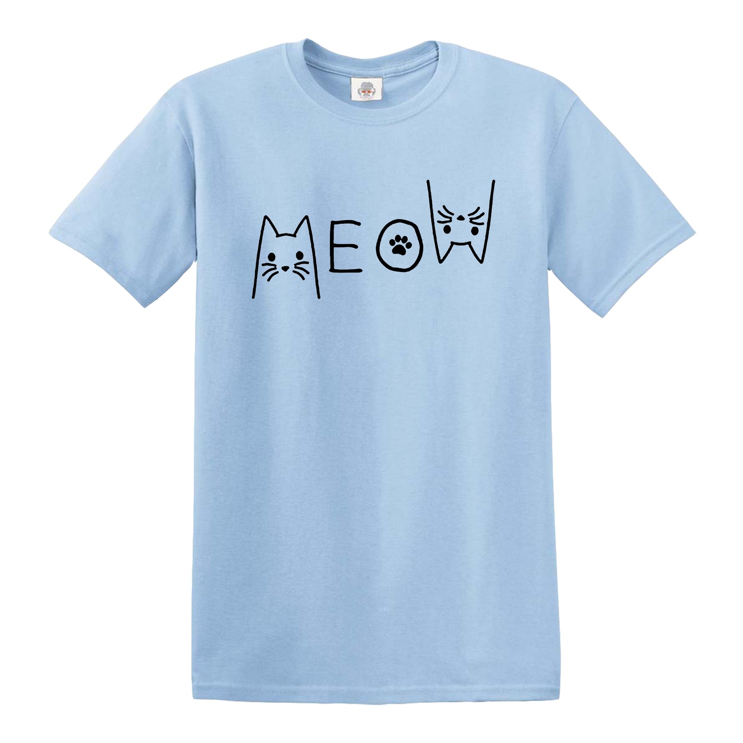 MEOW CAT | CAT PRINT MEN'S T-SHIRT SKY BLUE T-SHIRT BLACK PRINT MEOW CAT | CAT PRINT MEN'S T-SHIRT