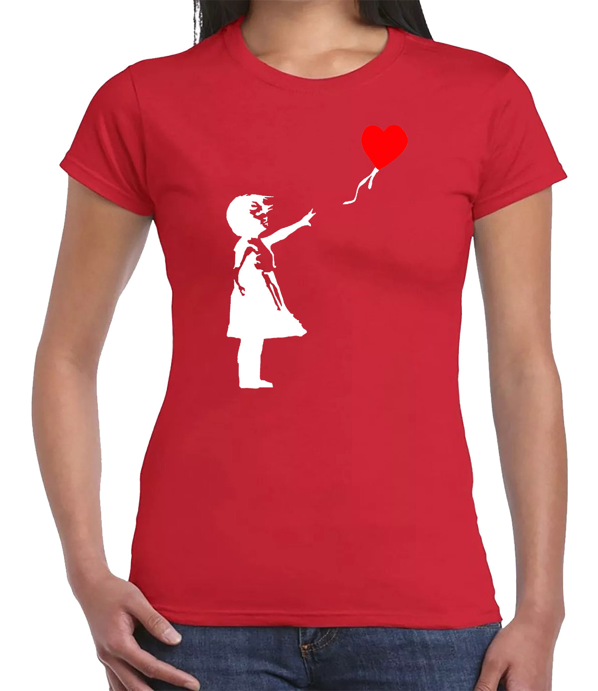 Banksy Girl With Heart Balloon T-Shirt Ladies RED T-SHIRT WHITE RED PRINT Banksy Girl With Heart Balloon T-Shirt Ladies