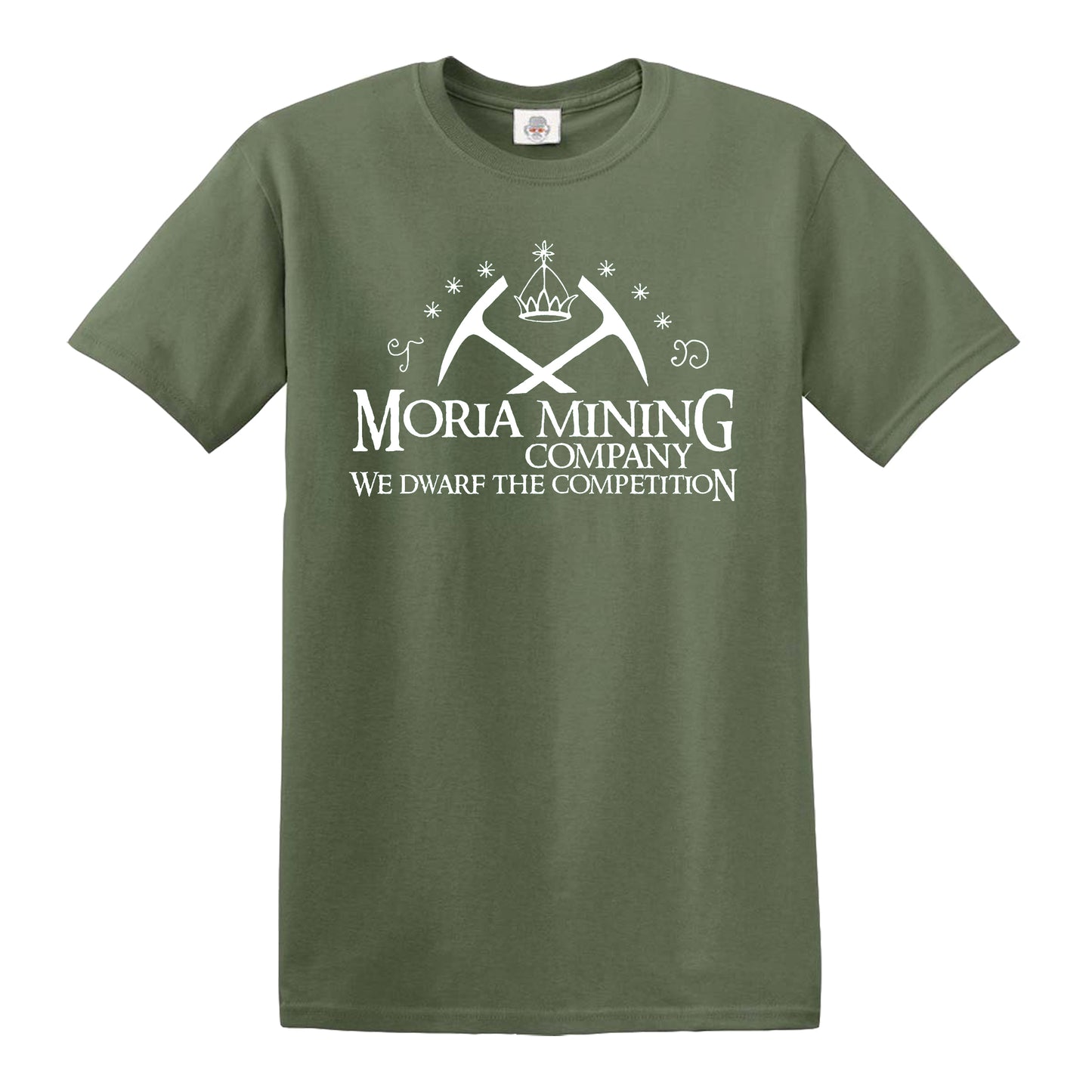 Moria Mining Company | FUNNY MEN'S T-SHIRT MILITARY GREEN T-SHIRT WHITE PRINT Moria Mining Company | FUNNY MEN'S T-SHIRT