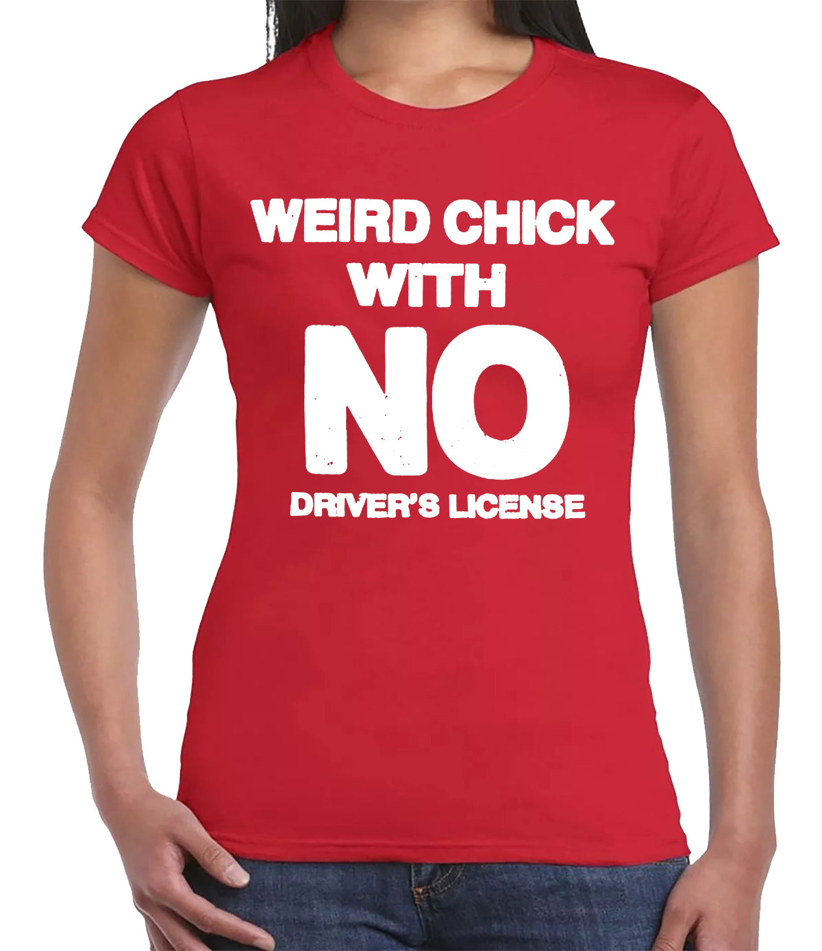 WITH NO DRIVER'S | LADIES T-SHIRT RED T-SHIRT WHITE PRINT WITH NO DRIVER'S | LADIES T-SHIRT