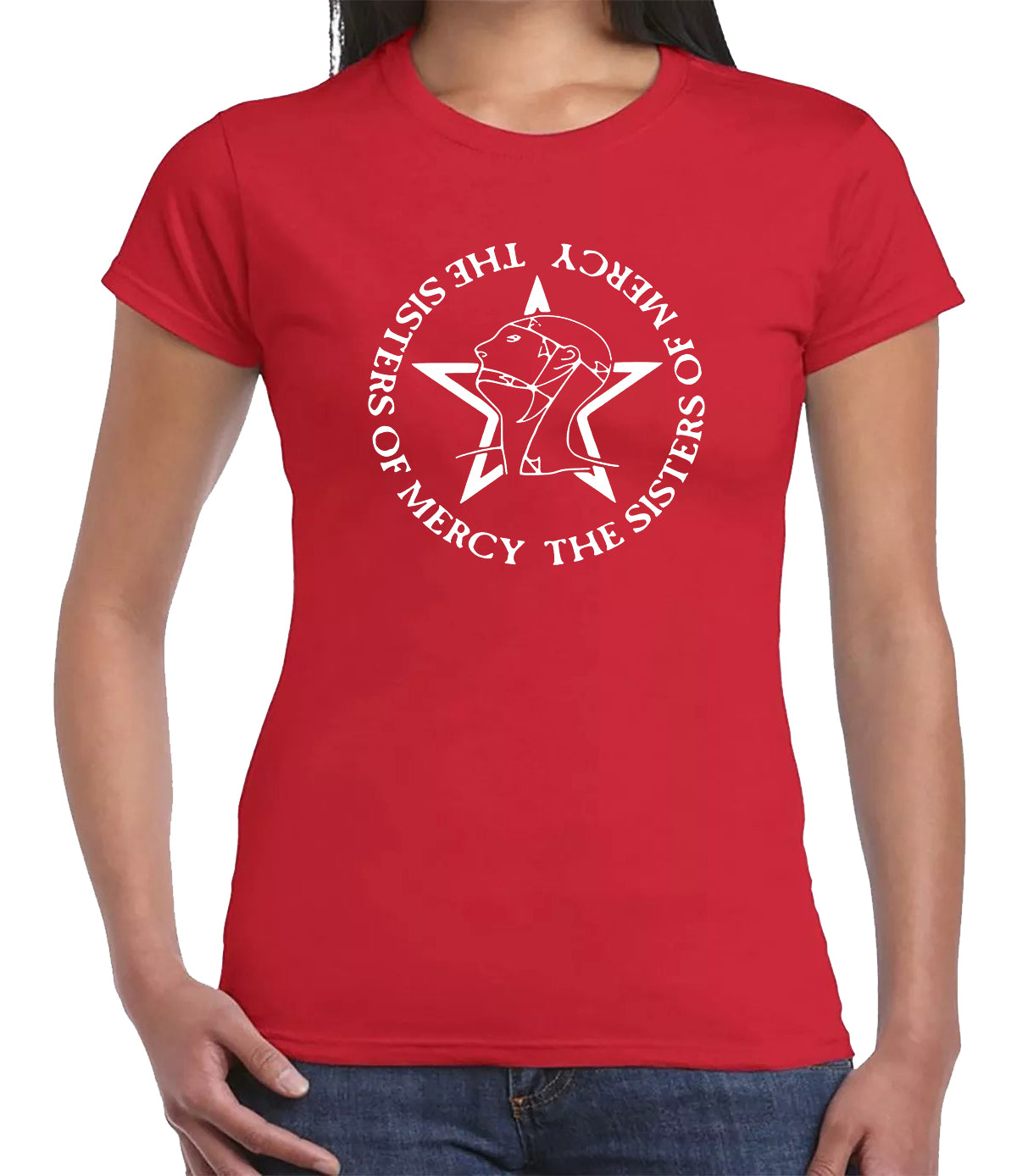 The Sisters Of Mercy Classic T-Shirt Ladies RED T-SHIRT WHITE PRINT The Sisters Of Mercy Classic T-Shirt Ladies
