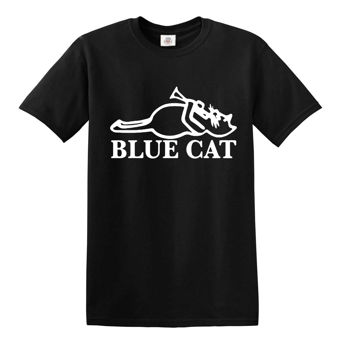 BLUE CAT | CAT DESIGN PRINT | MEN'S T-SHIRT BLACK T-SHIRT WHITE PRINT BLUE CAT | CAT DESIGN PRINT | MEN'S T-SHIRT