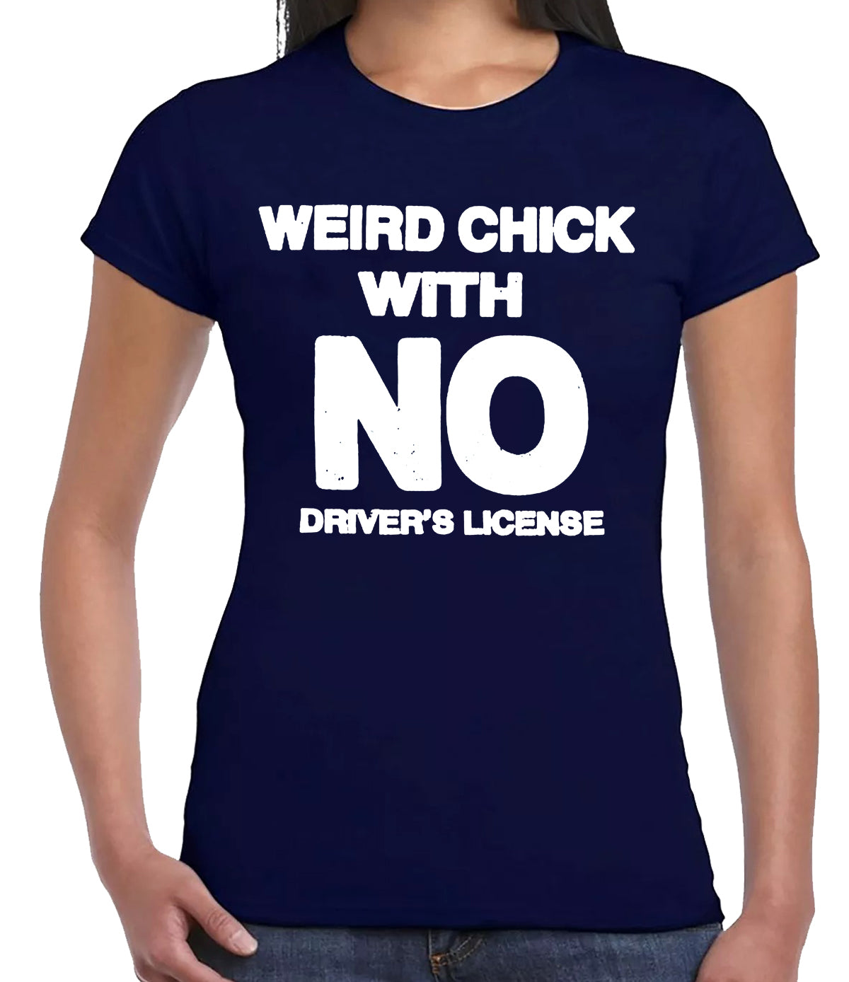 WITH NO DRIVER'S | LADIES T-SHIRT NAVY T-SHIRT WHITE PRINT WITH NO DRIVER'S | LADIES T-SHIRT
