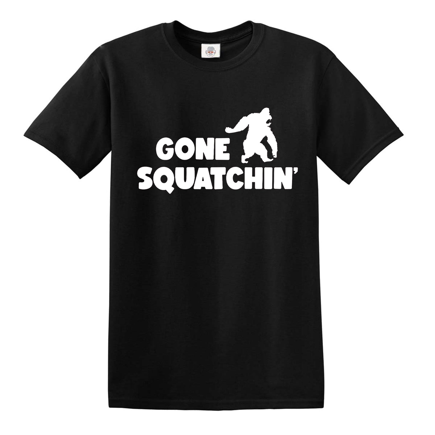 GONE SQUATCHIN' Bigfoot Sasquatch MEN'S T-SHIRT BLACK T-SHIRT WHITE PRINT GONE SQUATCHIN' Bigfoot Sasquatch MEN'S T-SHIRT
