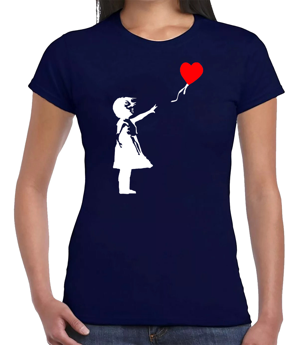 Banksy Girl With Heart Balloon T-Shirt Ladies NAVY T-SHIRT WHITE RED PRINT Banksy Girl With Heart Balloon T-Shirt Ladies