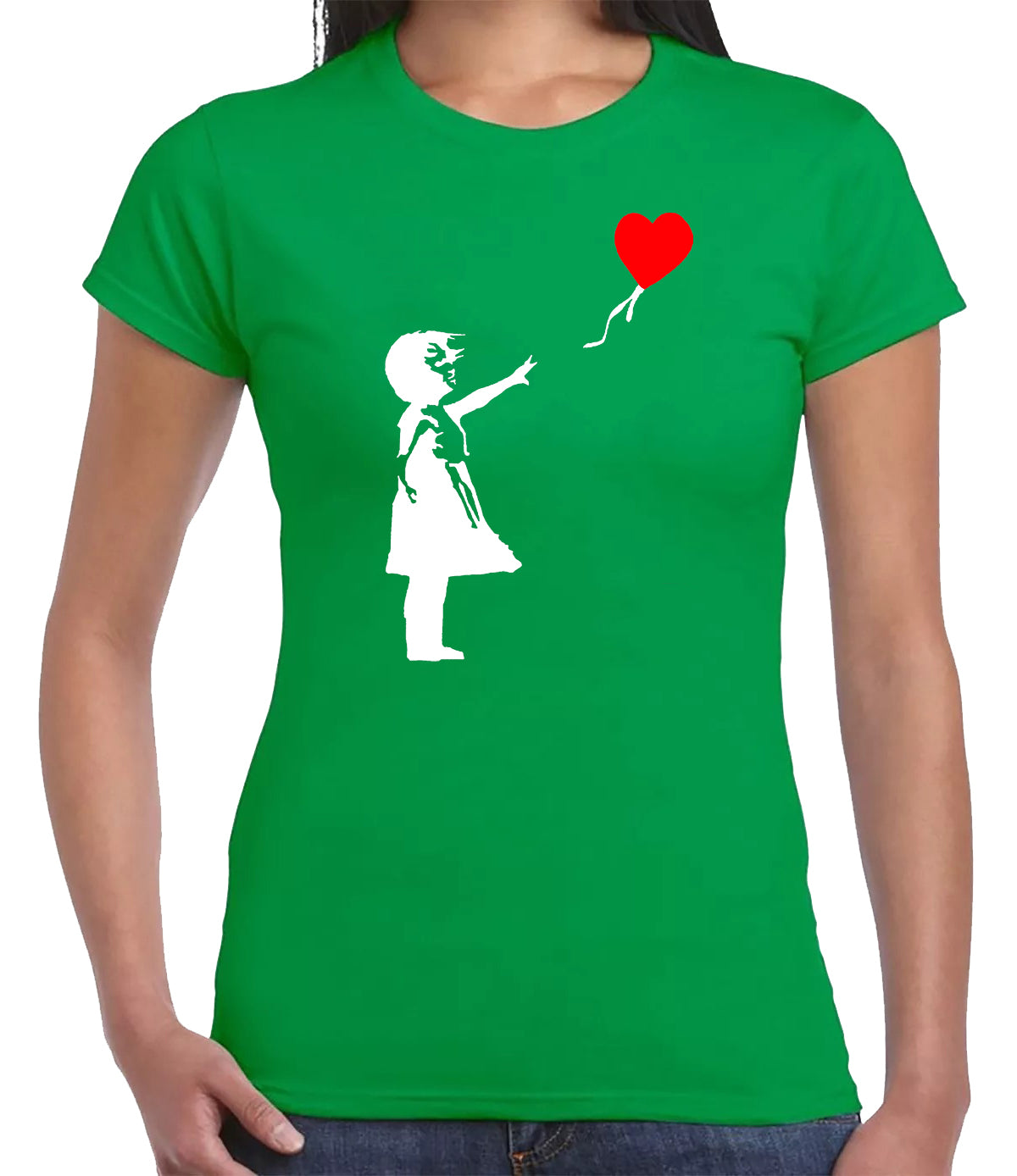Banksy Girl With Heart Balloon T-Shirt Ladies IRISH GREEN T-SHIRT WHITE RED PRINT Banksy Girl With Heart Balloon T-Shirt Ladies