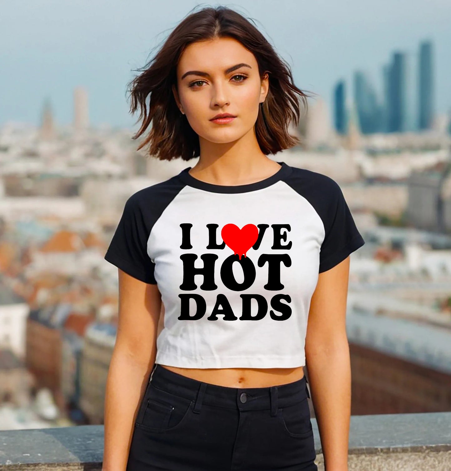 I LOVE HOT DADS | LADIES RAGLAN CROP TOP
