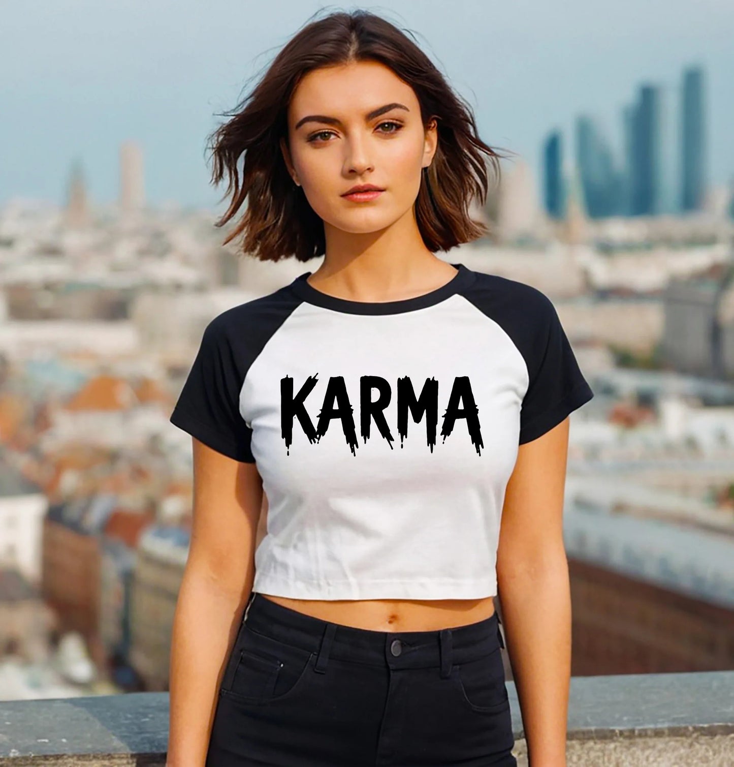 KARMA COOL SLOGAN | LADIES RAGLAN CROP TOP