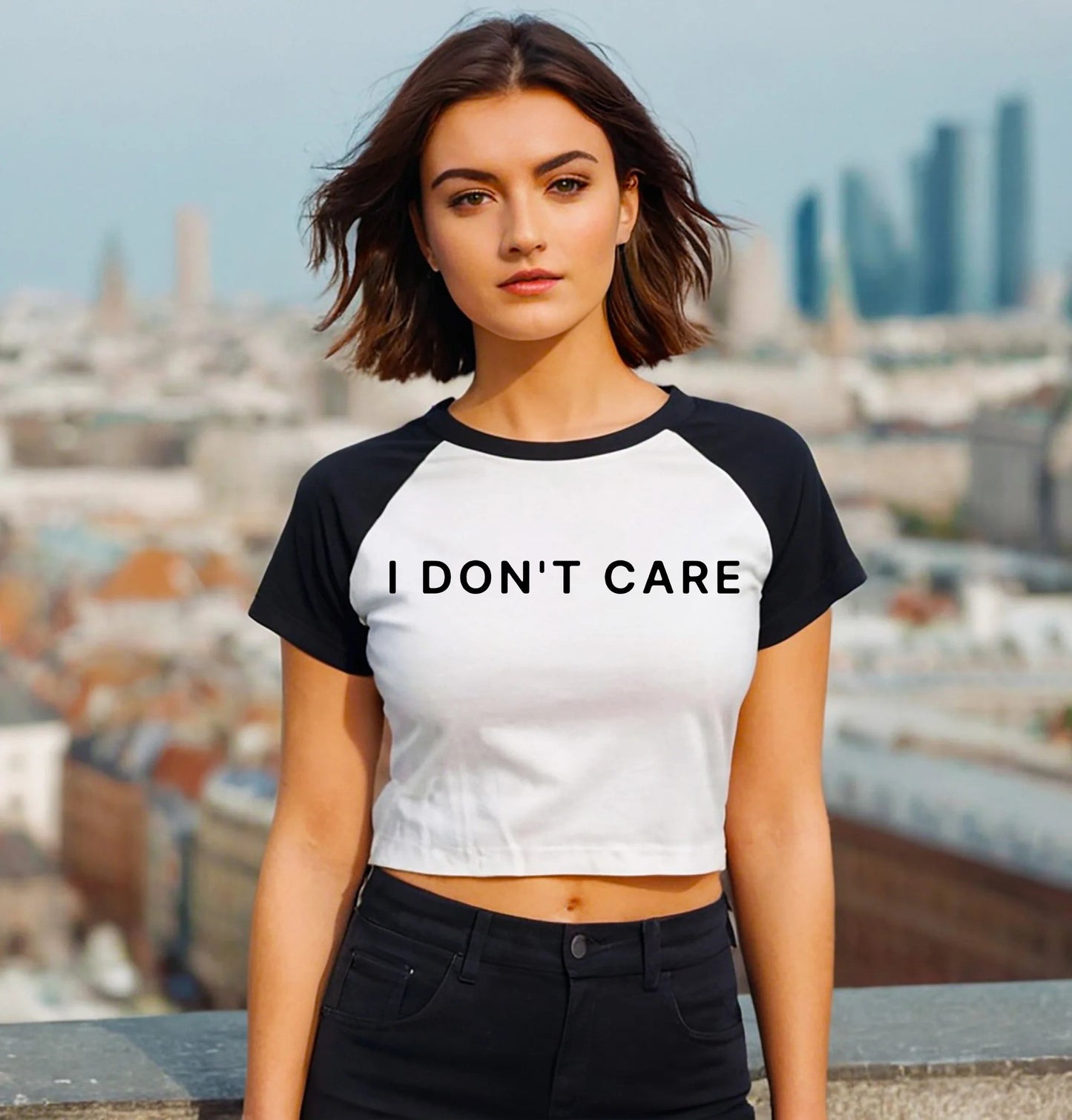 I DON'T CARE | LADIES RAGLAN CROP TOP