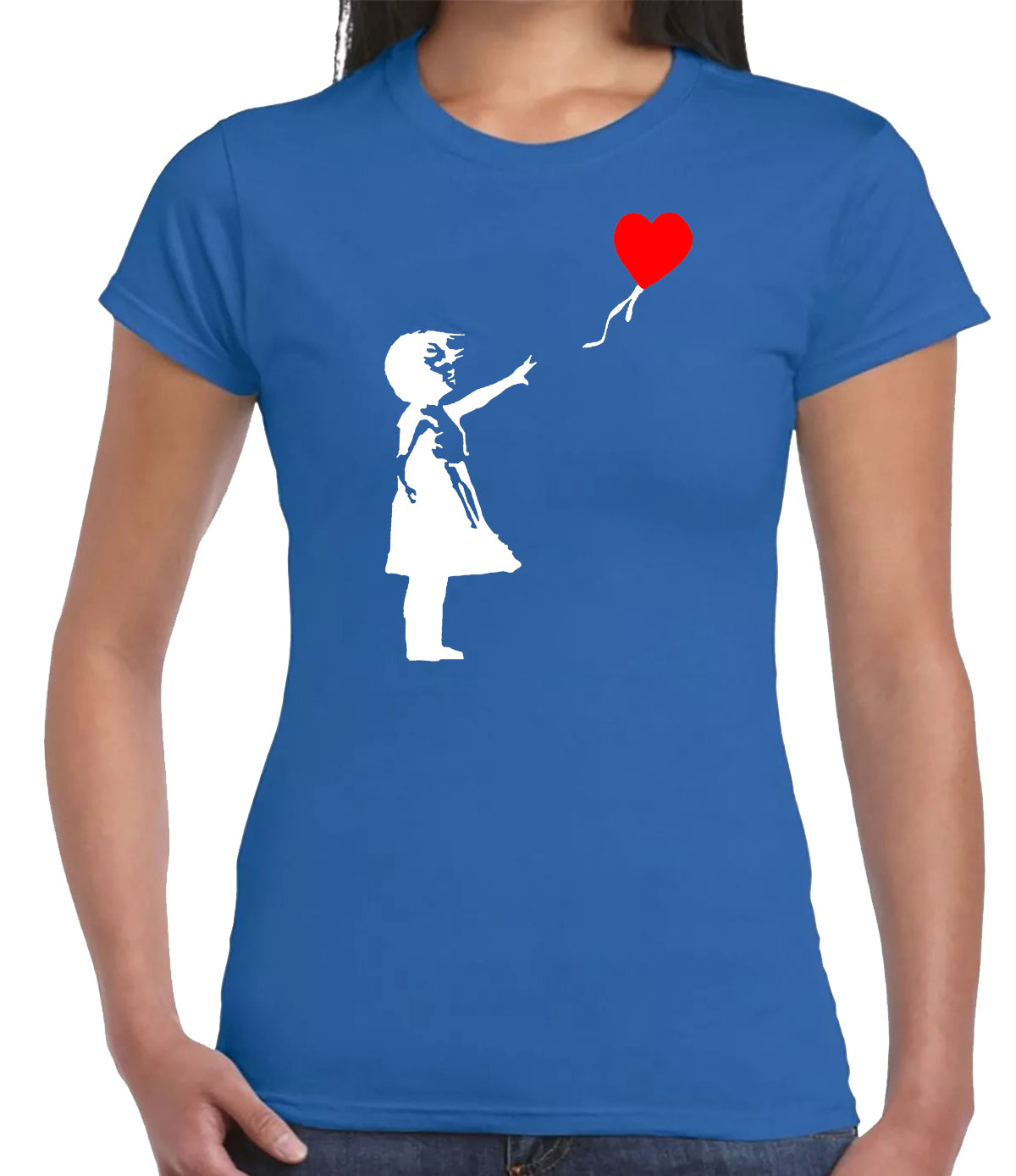 Banksy Girl With Heart Balloon T-Shirt Ladies ROYAL BLUE T-SHIRT WHITE RED PRINT Banksy Girl With Heart Balloon T-Shirt Ladies