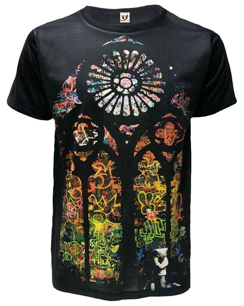 BANKSY STAINED GLASS T-SHIRT - BLACK SUBLIMATION DESIGN BANKSY STAINED GLASS T-SHIRT - BLACK SUBLIMATION DESIGN