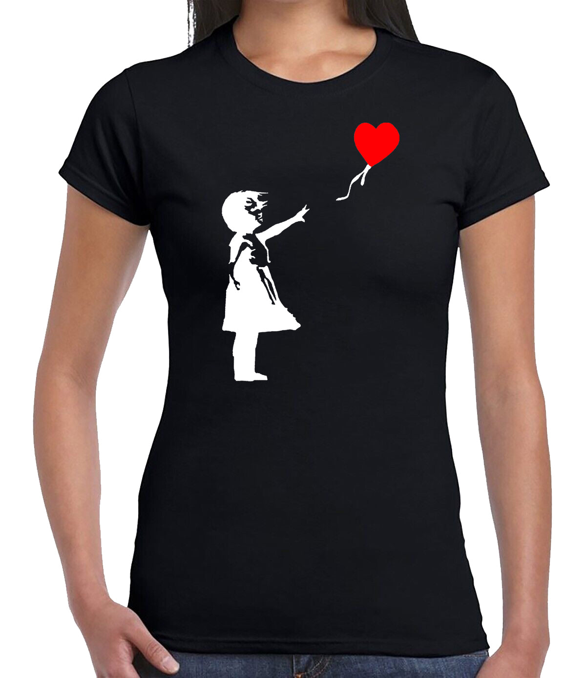 Banksy Girl With Heart Balloon T-Shirt Ladies BLACK T-SHIRT WHITE RED PRINT Banksy Girl With Heart Balloon T-Shirt Ladies