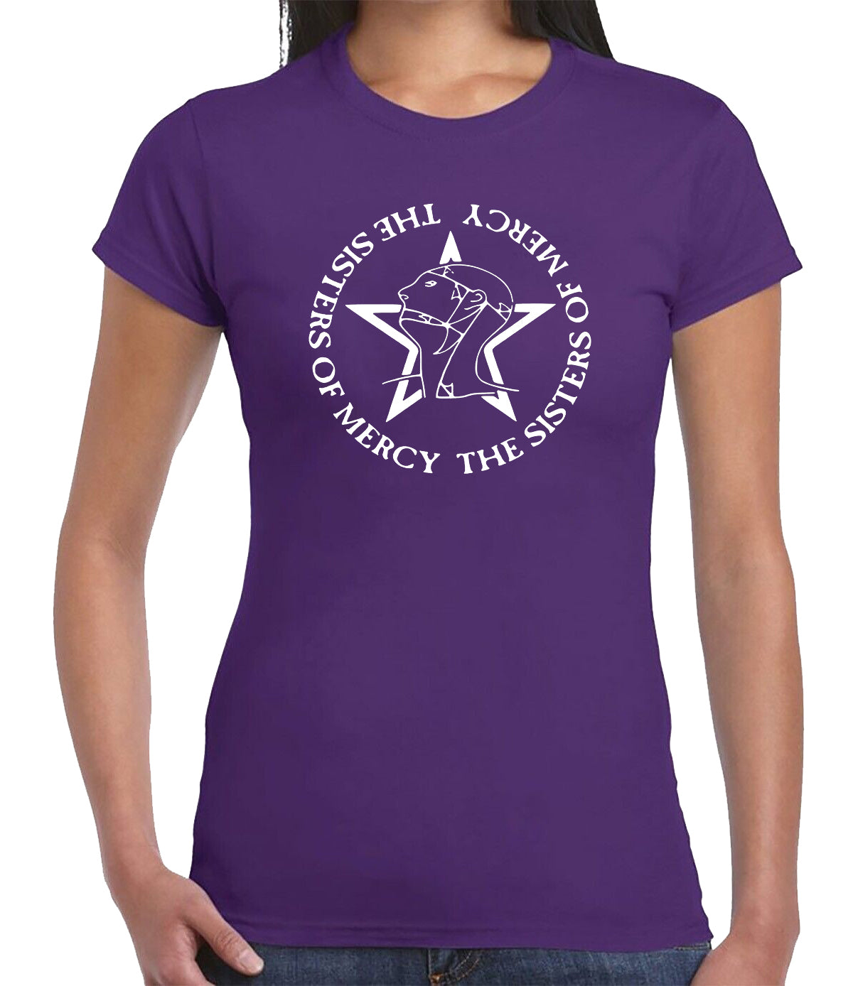 The Sisters Of Mercy Classic T-Shirt Ladies PURPLE T-SHIRT WHITE PRINT The Sisters Of Mercy Classic T-Shirt Ladies