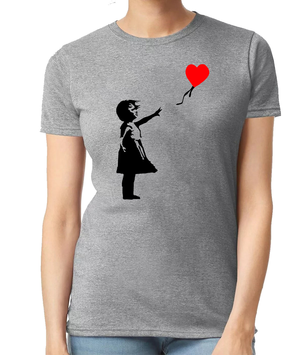 Banksy Girl With Heart Balloon T-Shirt Ladies SPORT GRAY T-SHIRT BLACK RED PRINT Banksy Girl With Heart Balloon T-Shirt Ladies