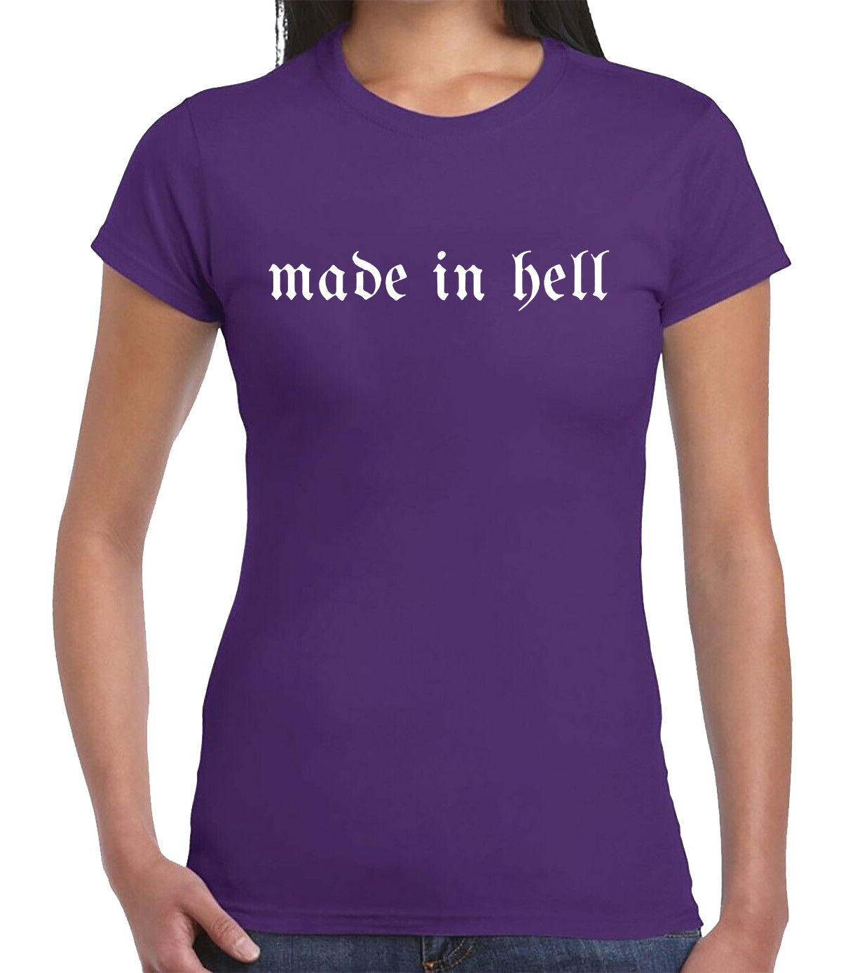 MADE IN HELL GRAPHIC TEE | LADIES T-SHIRT PURPLE T-SHIRT WHITE PRINT MADE IN HELL GRAPHIC TEE | LADIES T-SHIRT