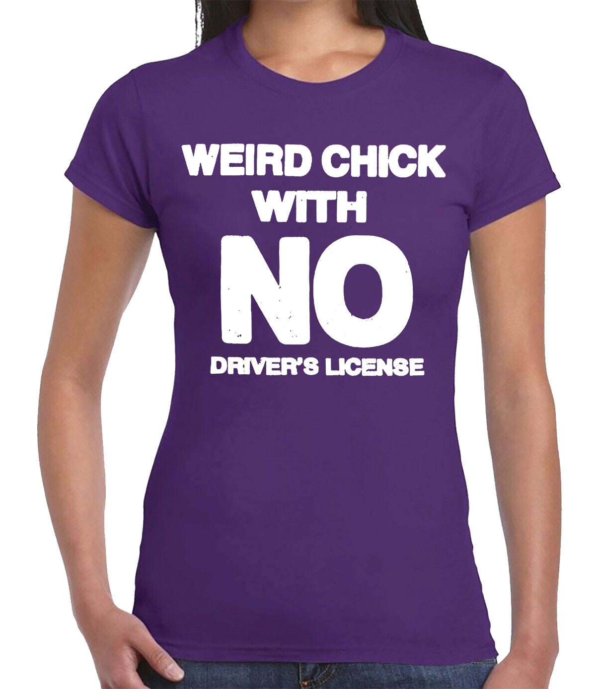 WITH NO DRIVER'S | LADIES T-SHIRT PURPLE T-SHIRT WHITE PRINT WITH NO DRIVER'S | LADIES T-SHIRT