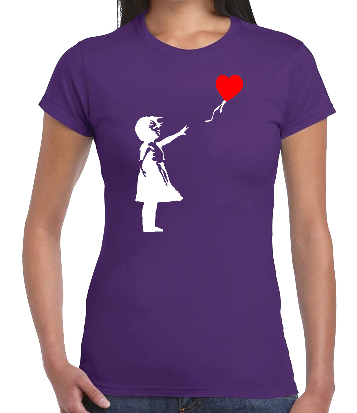 Banksy Girl With Heart Balloon T-Shirt Ladies PURPLE T-SHIRT WHITE RED PRINT Banksy Girl With Heart Balloon T-Shirt Ladies