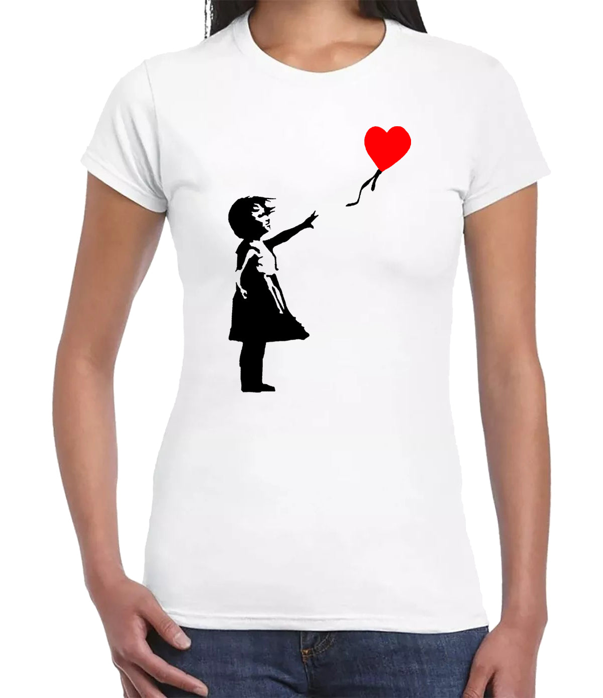 Banksy Girl With Heart Balloon T-Shirt Ladies WHITE T-SHIRT BLACK RED PRINT Banksy Girl With Heart Balloon T-Shirt Ladies