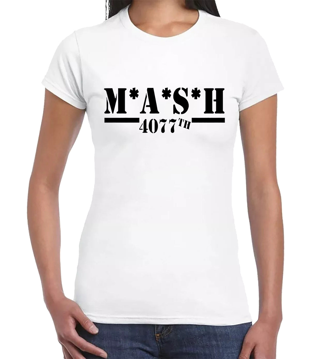 M_A_S_H 4077TH T-Shirt Ladies WHITE T-SHIRT BLACK PRINT M_A_S_H 4077TH T-Shirt Ladies