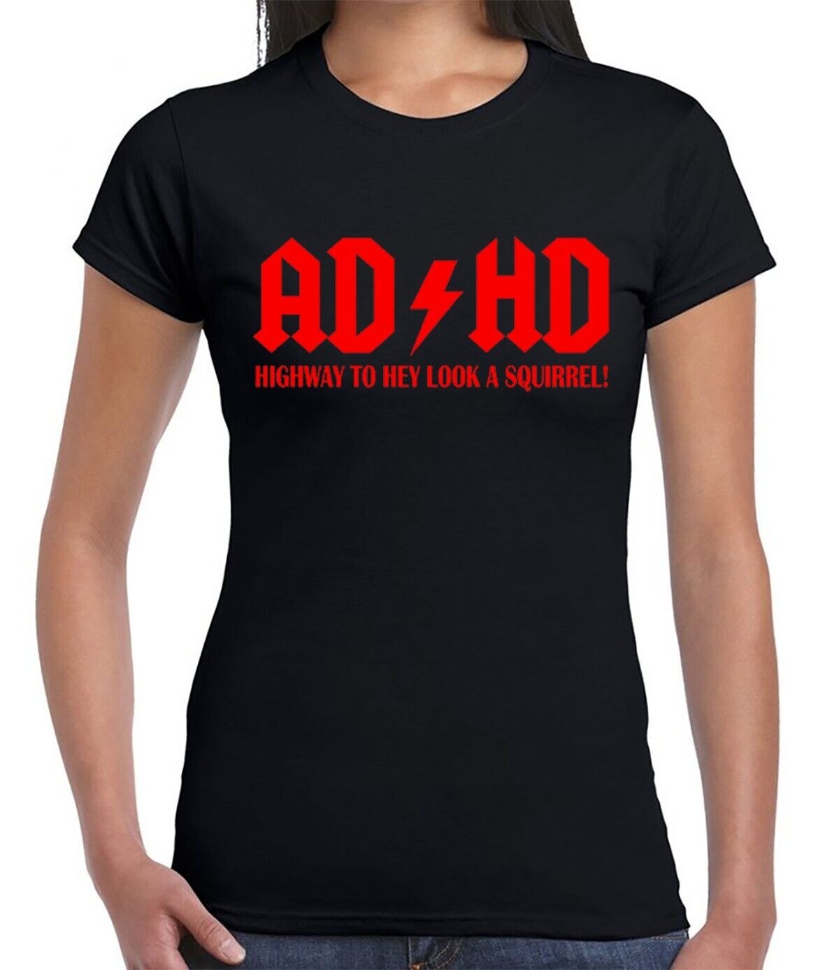 AD HD HIGHWAY TO HEY LOOK A SQUIRREL | MEN'S T-SHIRT BLACK T-SHIRT RED PRINT AD HD HIGHWAY TO HEY LOOK A SQUIRREL | MEN'S T-SHIRT