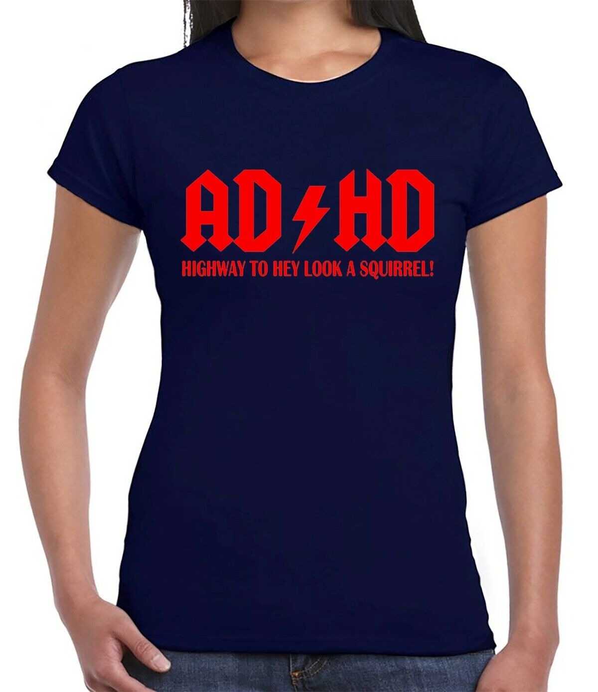 AD HD HIGHWAY TO HEY LOOK A SQUIRREL | MEN'S T-SHIRT NAVY T-SHIRT RED PRINT AD HD HIGHWAY TO HEY LOOK A SQUIRREL | MEN'S T-SHIRT
