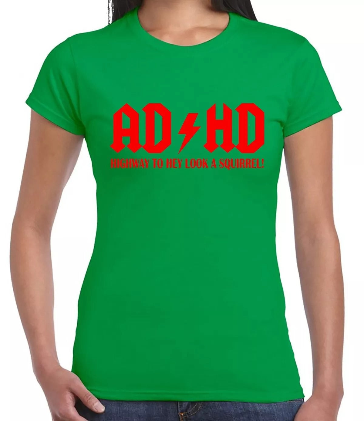 AD HD HIGHWAY TO HEY LOOK A SQUIRREL | MEN'S T-SHIRT IRISH GREEN T-SHIRT RED PRINT AD HD HIGHWAY TO HEY LOOK A SQUIRREL | MEN'S T-SHIRT