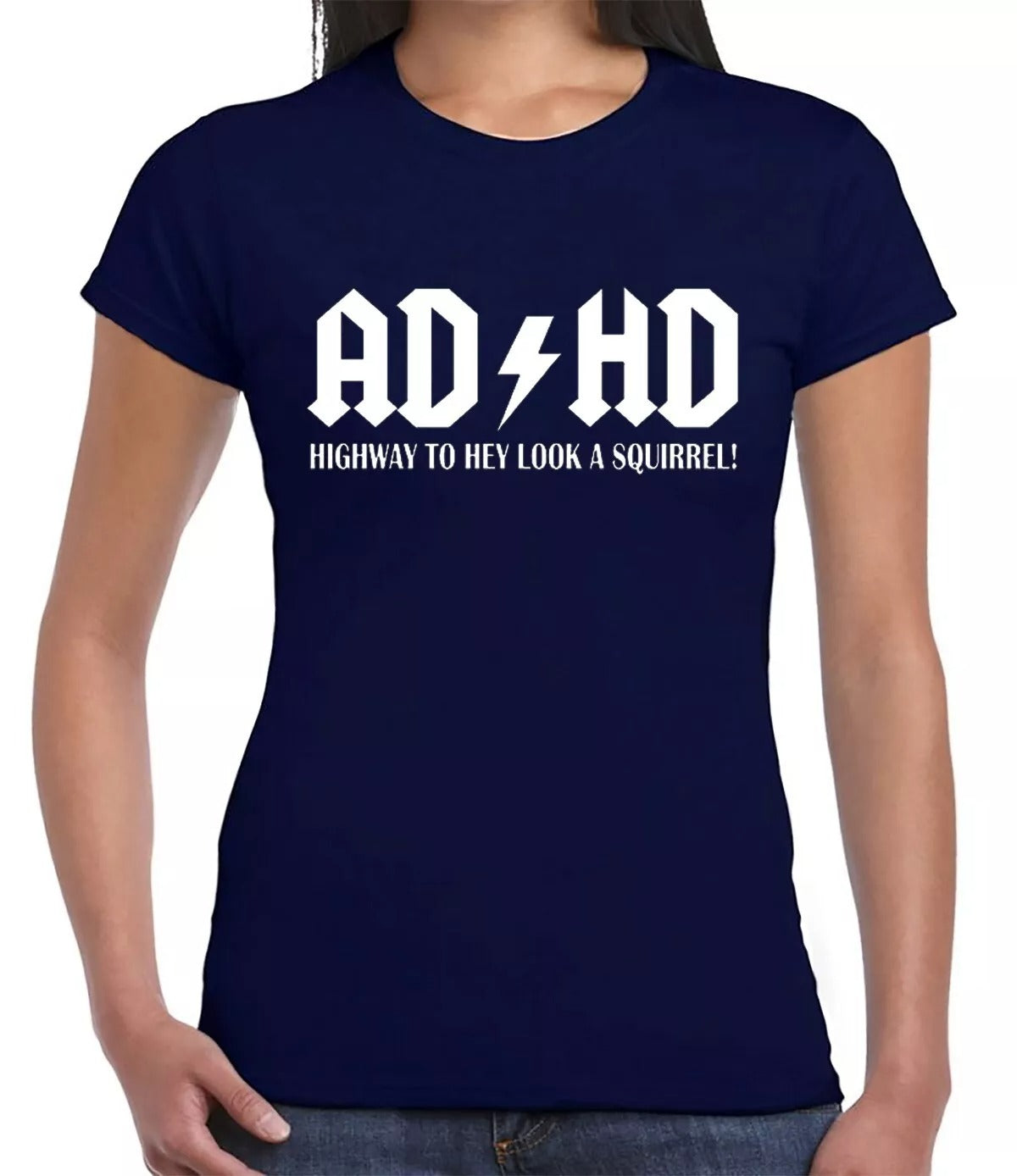 AD HD HIGHWAY TO HEY LOOK A SQUIRREL | MEN'S T-SHIRT NAVY T-SHIRT WHITE PRINT AD HD HIGHWAY TO HEY LOOK A SQUIRREL | MEN'S T-SHIRT