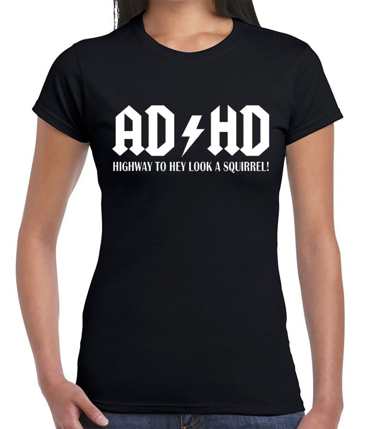 AD HD HIGHWAY TO HEY LOOK A SQUIRREL | MEN'S T-SHIRT BLACK T-SHIRT WHITE PRINT AD HD HIGHWAY TO HEY LOOK A SQUIRREL | MEN'S T-SHIRT