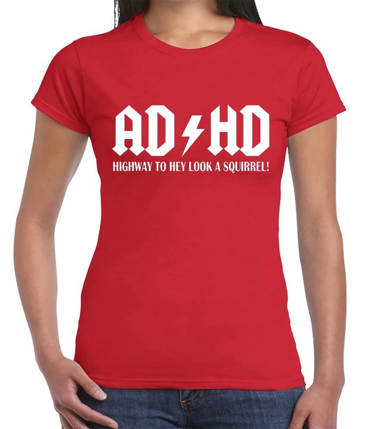 AD HD HIGHWAY TO HEY LOOK A SQUIRREL | MEN'S T-SHIRT RED T-SHIRT WHITE PRINT AD HD HIGHWAY TO HEY LOOK A SQUIRREL | MEN'S T-SHIRT