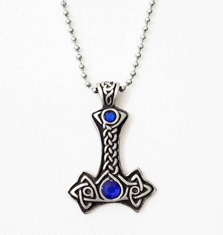 Viking Thor's Hammer Pendant - Antique Pewter with Blue Beads and Ball Chain Viking Thor's Hammer Pendant - Antique Pewter with Blue Beads and Ball Chain