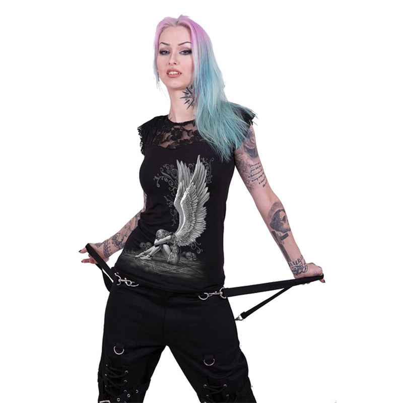 ENSLAVED ANGEL Layered Black Lace Top - Elegant & Versatile Design ENSLAVED ANGEL Layered Black Lace Top - Elegant & Versatile Design
