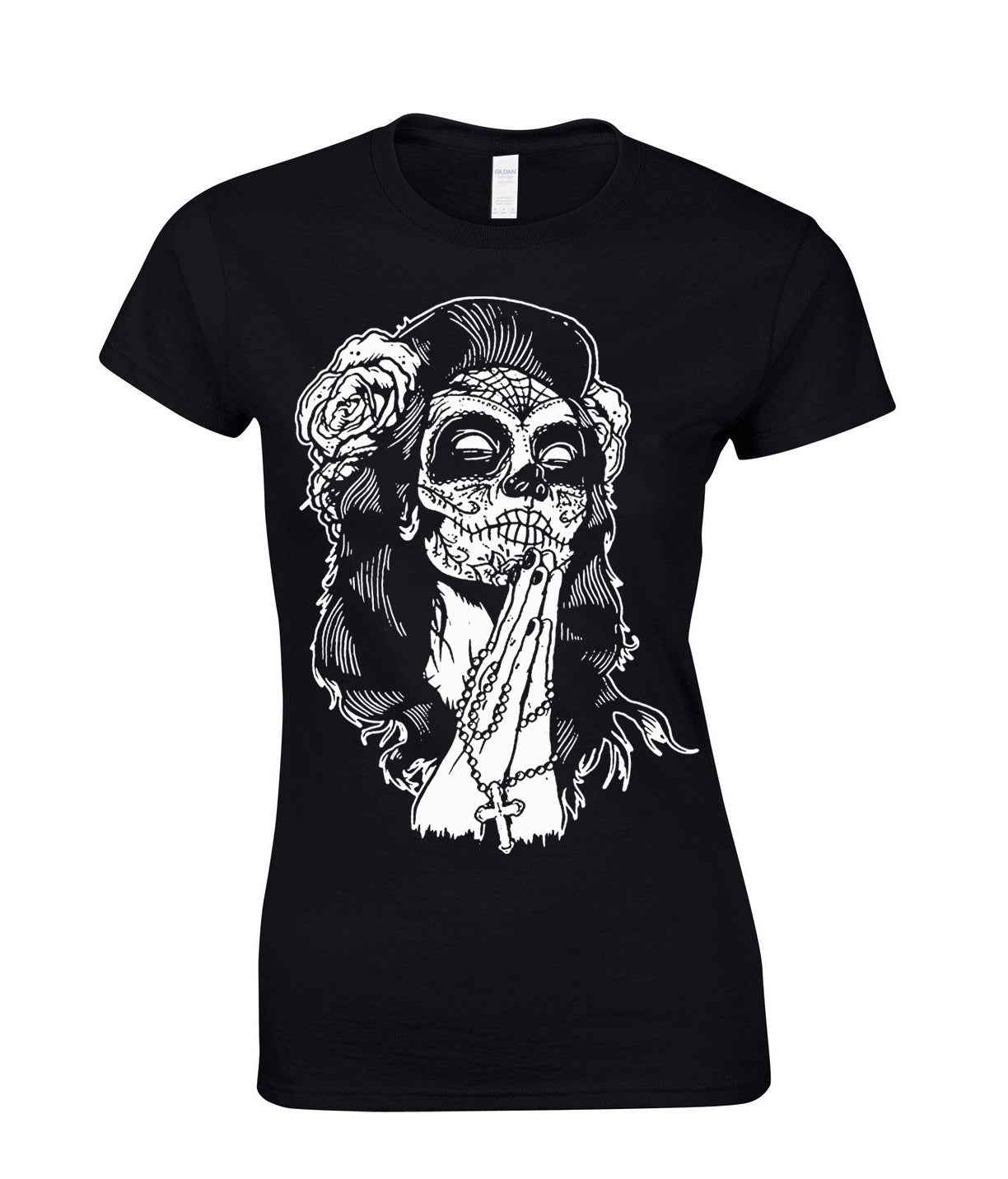 Mexican Skull Cap Sleeve Top - Black Ladies Tee Mexican Skull Cap Sleeve Top - Black Ladies Tee