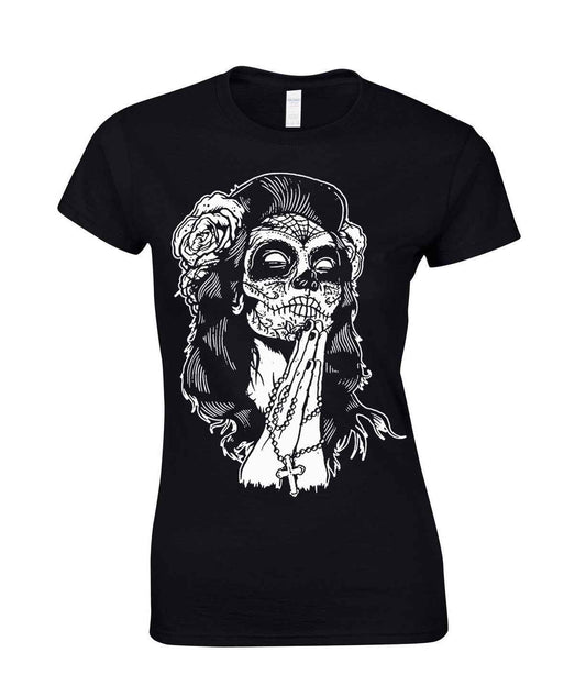 Mexican Skull Cap Sleeve Top - Black Ladies Tee Mexican Skull Cap Sleeve Top - Black Ladies Tee