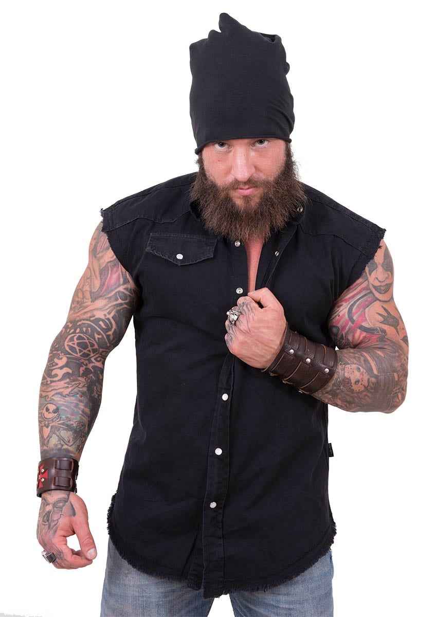 PLAIN METAL STONE WASHED BLACK WORKSHIRT - SLEEVELESS STREETWEAR PLAIN METAL STONE WASHED BLACK WORKSHIRT - SLEEVELESS STREETWEAR