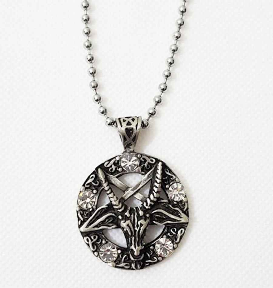 OCCULT PENTAGRAM PENDANT with 5 Clear Beads - Antique Pewter and Ball Chain OCCULT PENTAGRAM PENDANT with 5 Clear Beads - Antique Pewter and Ball Chain