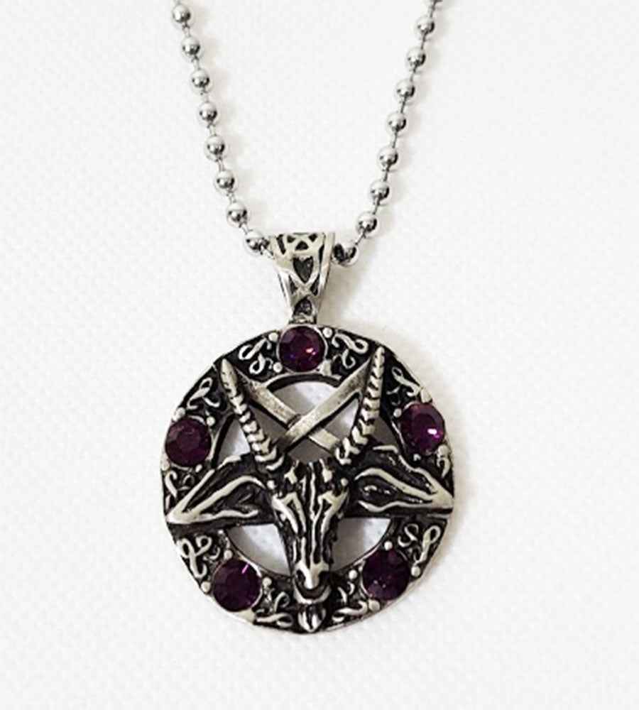Occult Pentagram Pendant with 5 Purple Beads - Antique Pewter with Ball Chain Occult Pentagram Pendant with 5 Purple Beads - Antique Pewter with Ball Chain