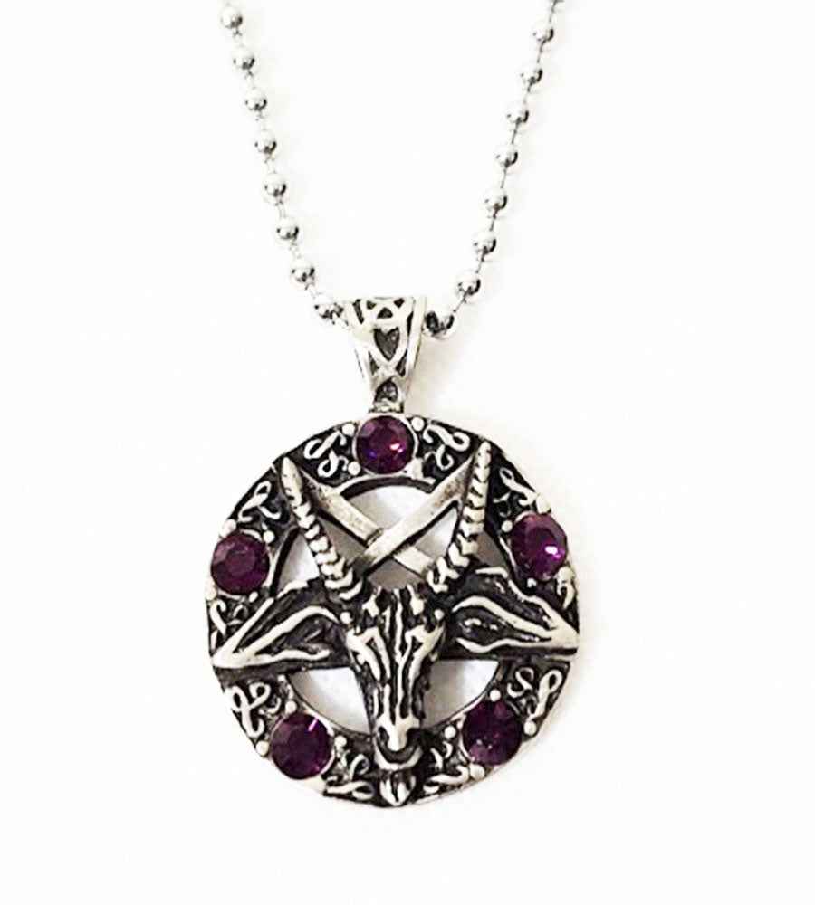 Occult Pentagram Pendant with 5 Purple Beads - Antique Pewter with Ball Chain Occult Pentagram Pendant with 5 Purple Beads - Antique Pewter with Ball Chain