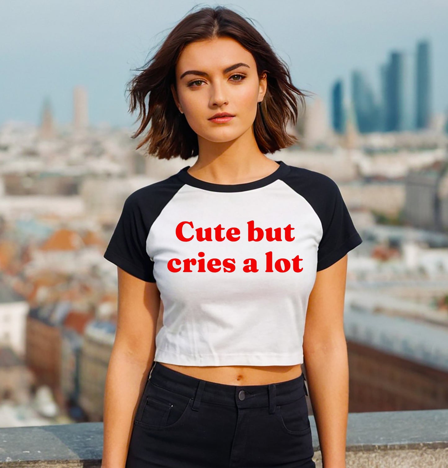 Cute But Cries A Lot| LADIES RAGLAN CROP TOP