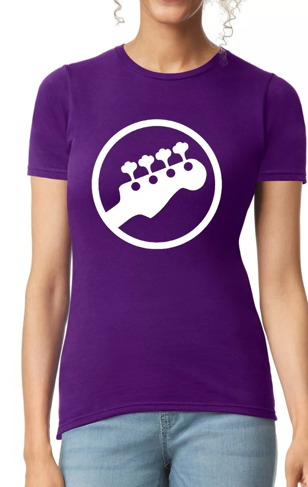 Bass Guitar Player Ladies T-Shirt PURPLE T-SHIRT WHITE PRINT Bass Guitar Player Ladies T-Shirt