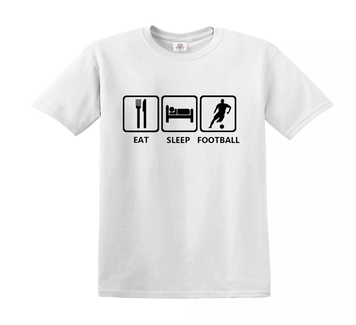 EAT SLEEP FOOTBALL SOCCER FAN | KID'S T-SHIRT WHITE T-SHIRT BLACK PRINT EAT SLEEP FOOTBALL SOCCER FAN | KID'S T-SHIRT