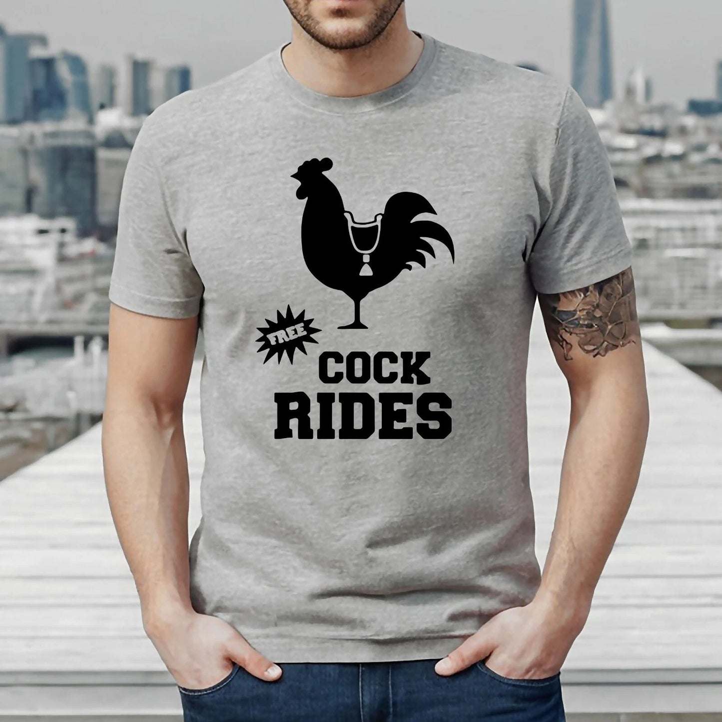 FREE COCK RIDES COCK PRINT | FUNNY MEN'S T-SHIRT SPORT GRAY T-SHIRT BLACK PRINT FREE COCK RIDES COCK PRINT | FUNNY MEN'S T-SHIRT