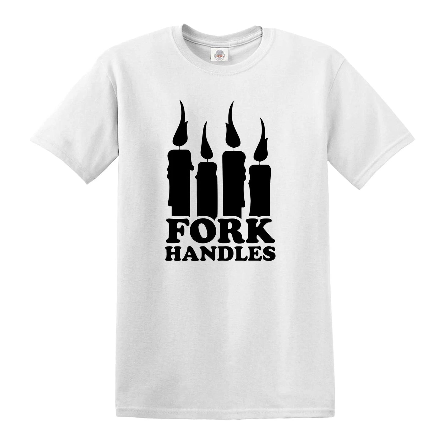 FORK HANDLES OR FOUR CANDLES | MEN'S T-SHIRT WHITE T-SHIRT BLACK PRINT FORK HANDLES OR FOUR CANDLES | MEN'S T-SHIRT