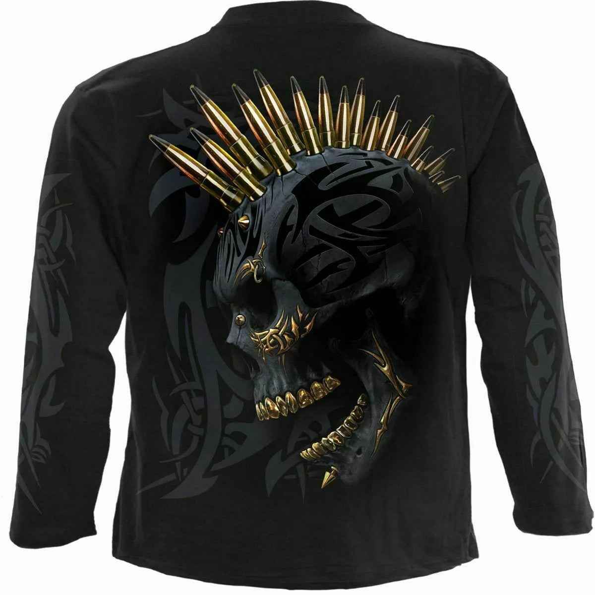Spiral Direct Skull Biker Long Sleeve T-shirt - Black Gold Design, Tribal & Metal Style Spiral Direct Skull Biker Long Sleeve T-shirt - Black Gold Design, Tribal & Metal Style