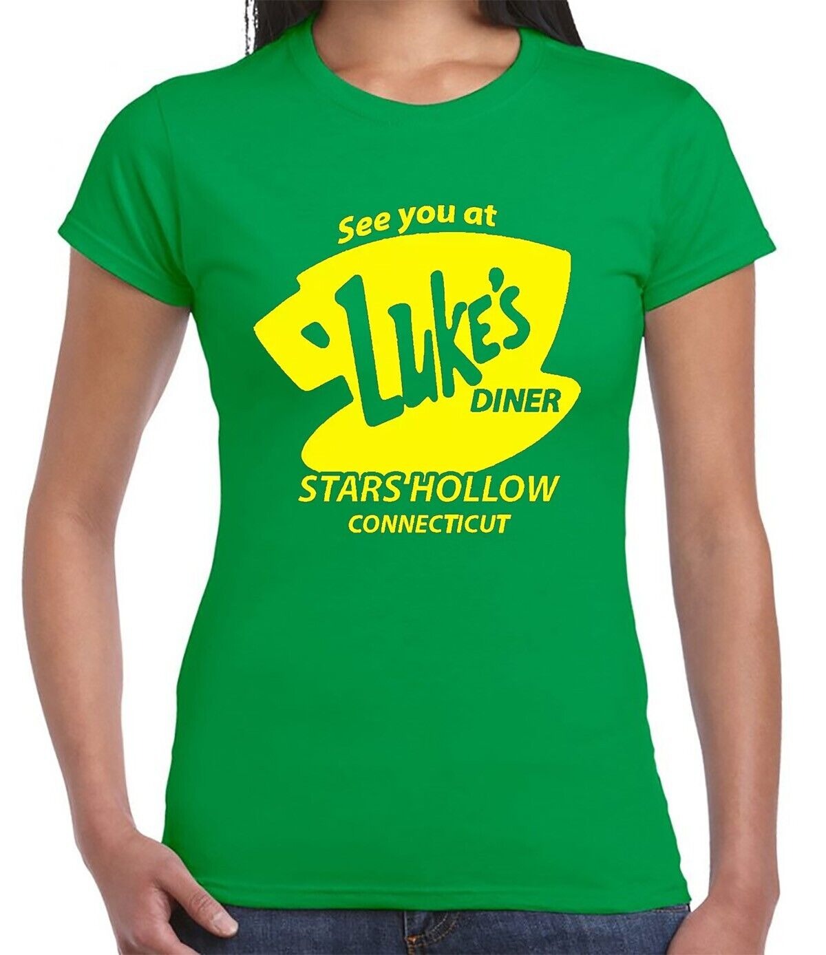 Luke's Diner T-Shirt Funny Retro Ladies IRISH GREEN T-SHIRT YELLOW PRIN Luke's Diner T-Shirt Funny Retro Ladies