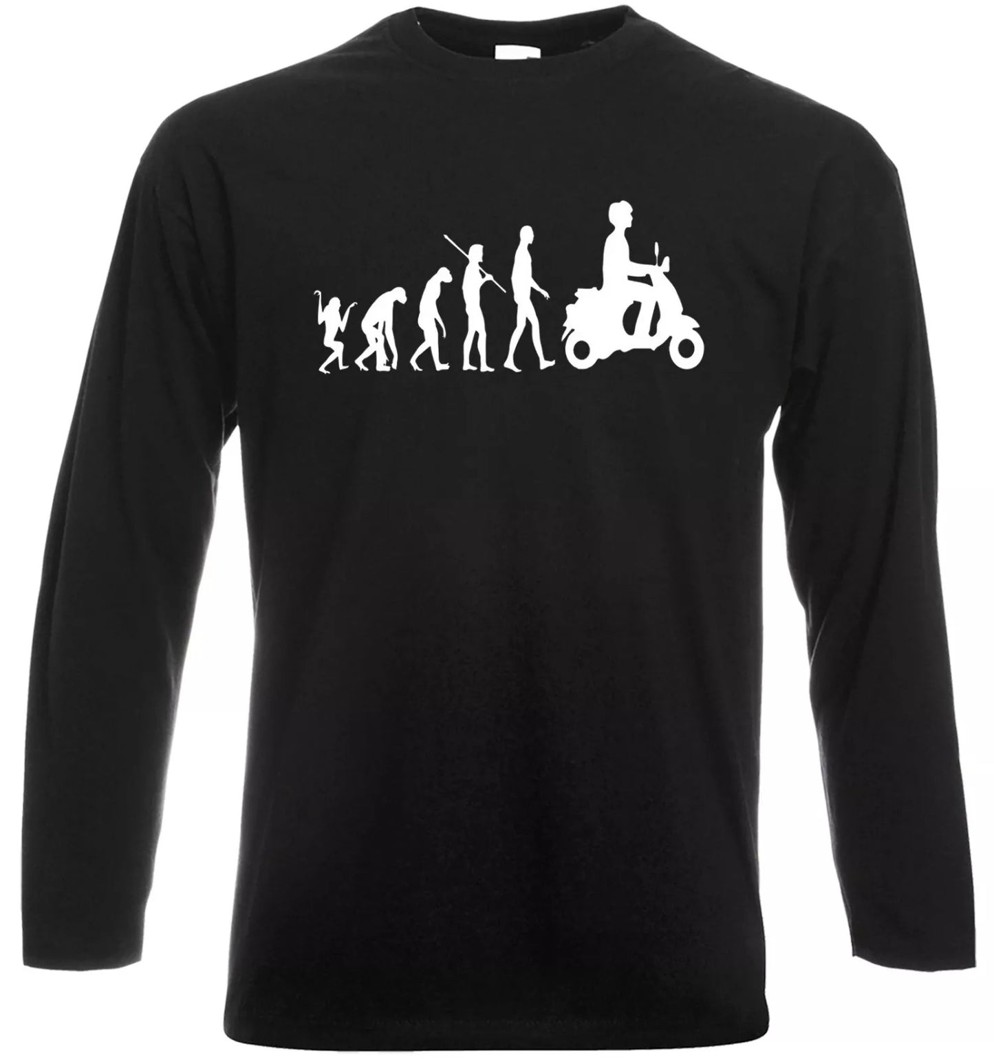 Evolution Of Vespa Scooter T-Shirt Long Sleeve BLACK LONG SLEEVE WHITE PRINT Evolution Of Vespa Scooter T-Shirt Long Sleeve