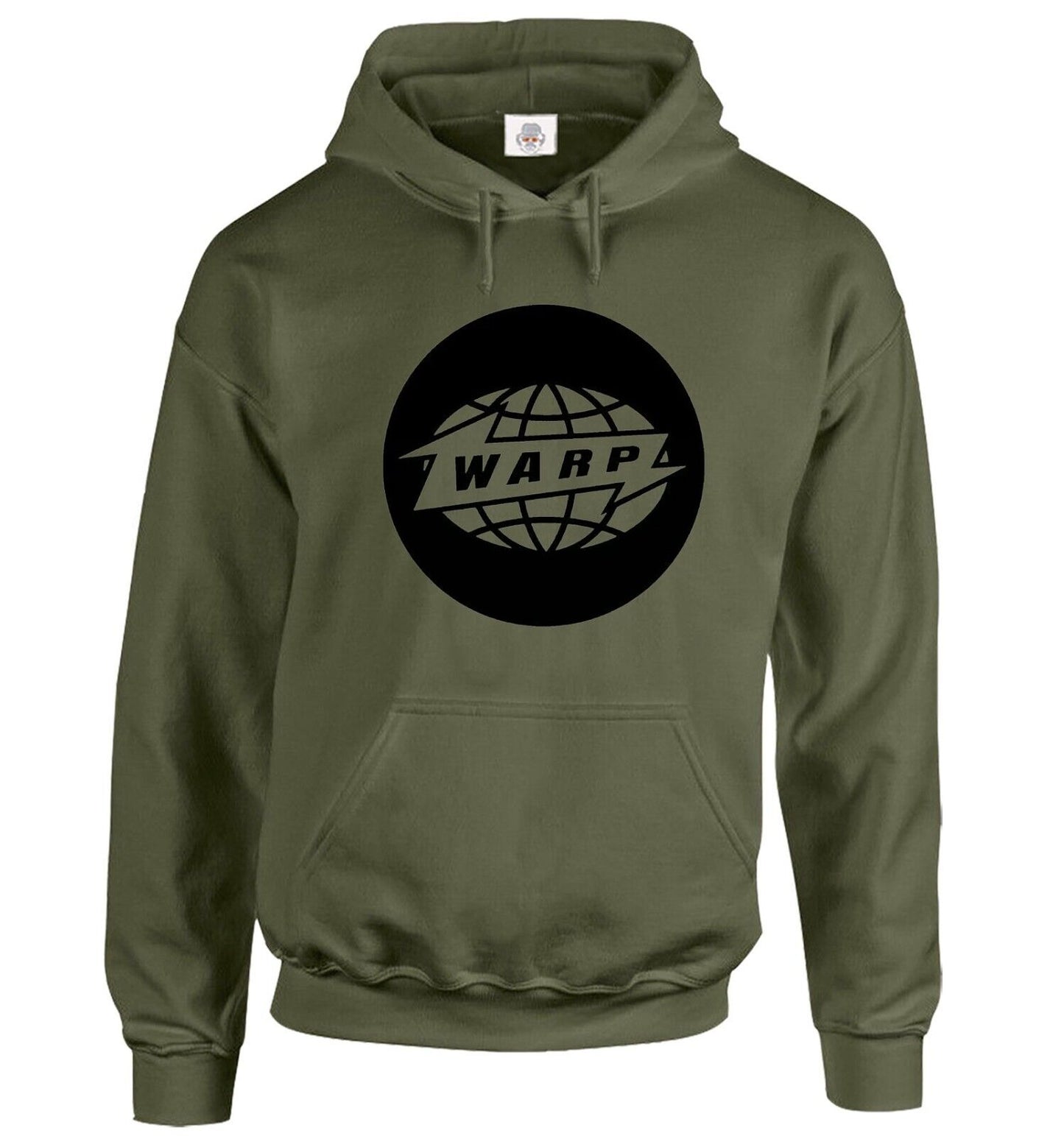 Warp Records Hoody Sweatshirt Men's Dj Hood OLIVE HOODY BLACK PRINT Warp Records Hoody Sweatshirt Men's Dj Hood