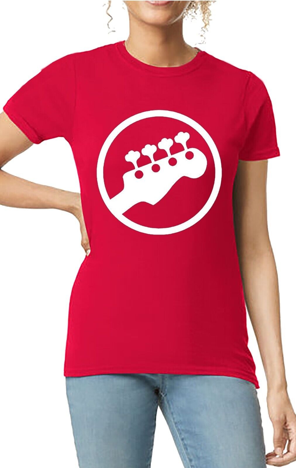 Bass Guitar Player Ladies T-Shirt RED T-SHIRT WHITE PRINT Bass Guitar Player Ladies T-Shirt