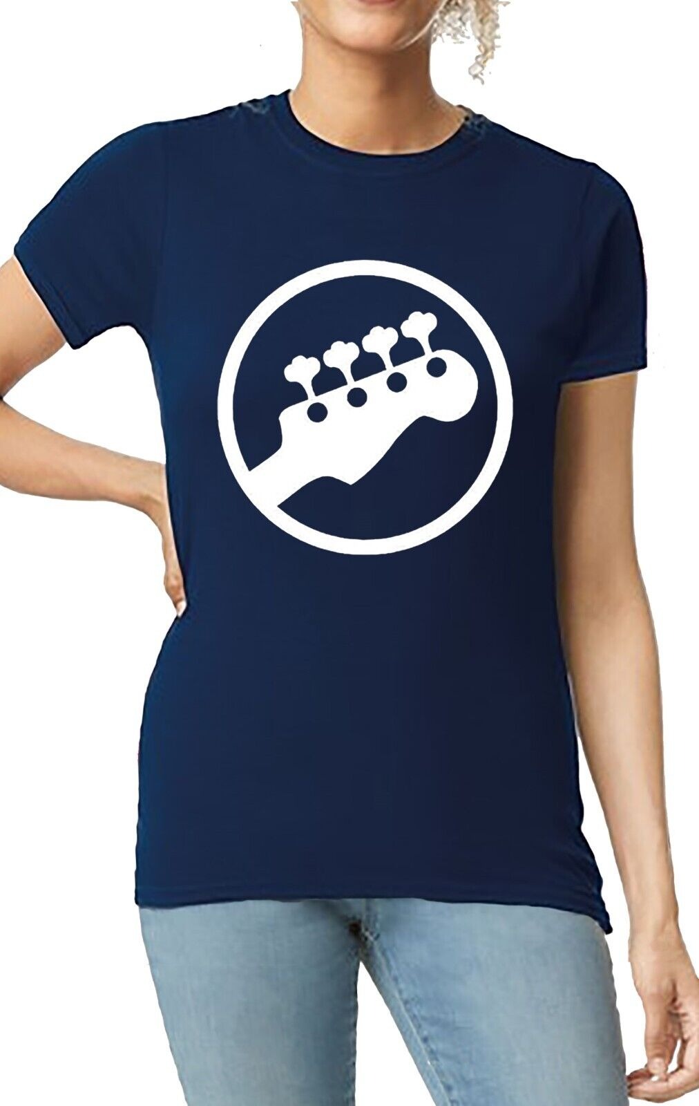 Bass Guitar Player Ladies T-Shirt NAVY T-SHIRT WHITE PRINT Bass Guitar Player Ladies T-Shirt